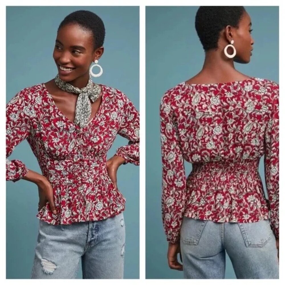 Anthropologie Feather Bone Latrobe Red Floral Lace-Up Smocked Blouse